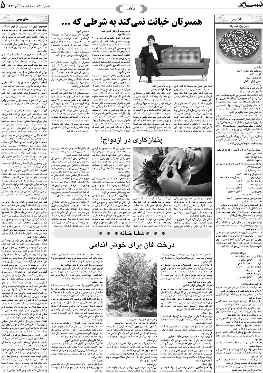 صفحه خانواده روزنامه نسیم شماره 732